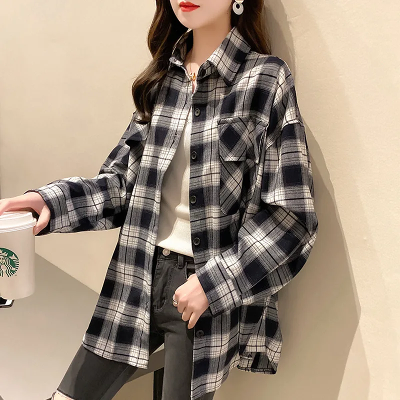 

Plaid Shirts Women Mid-length Spring Autumn Plus Size Female Blouses Loose Casual Thin Button Cardigan Jacket Top Sunscreen Coat