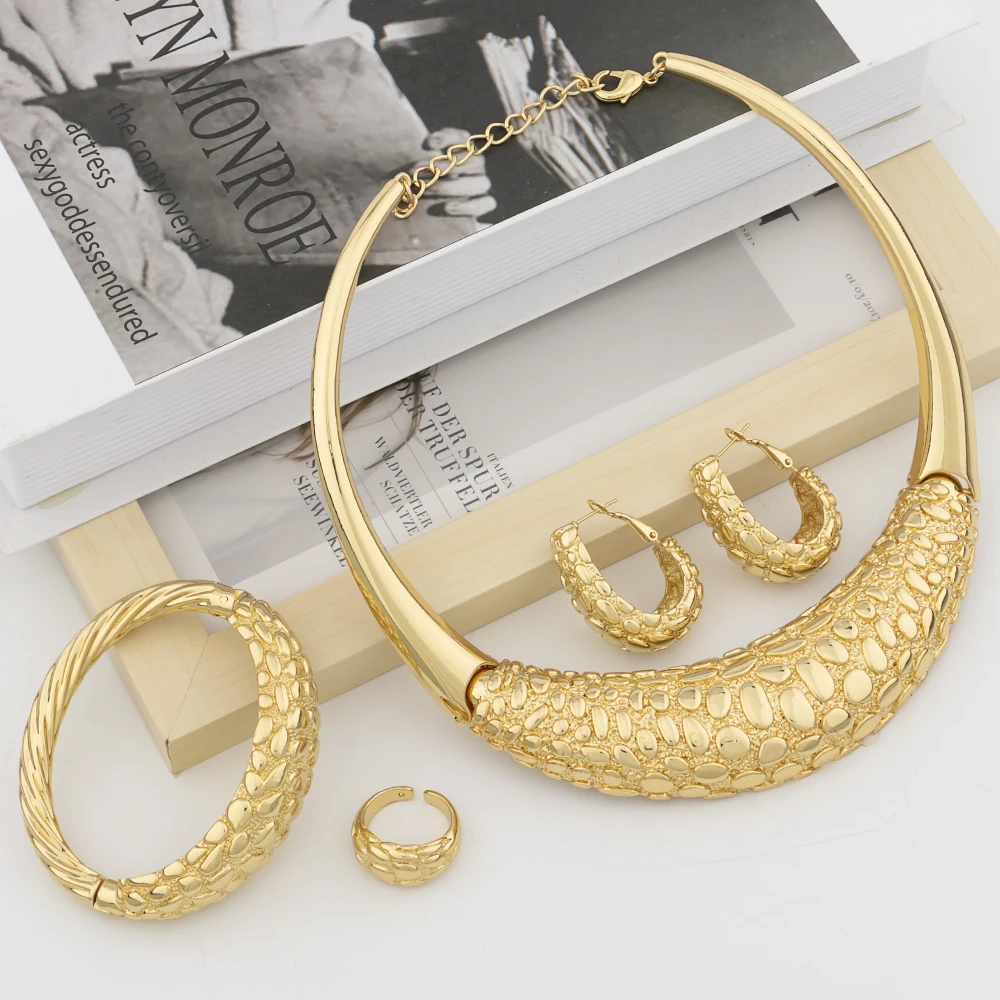 

YM Jewelry Set For Women Dubai Luxury Gold Plated Copper Necklace Earrings Rings Bracelet African Wedding Banquet Gifts