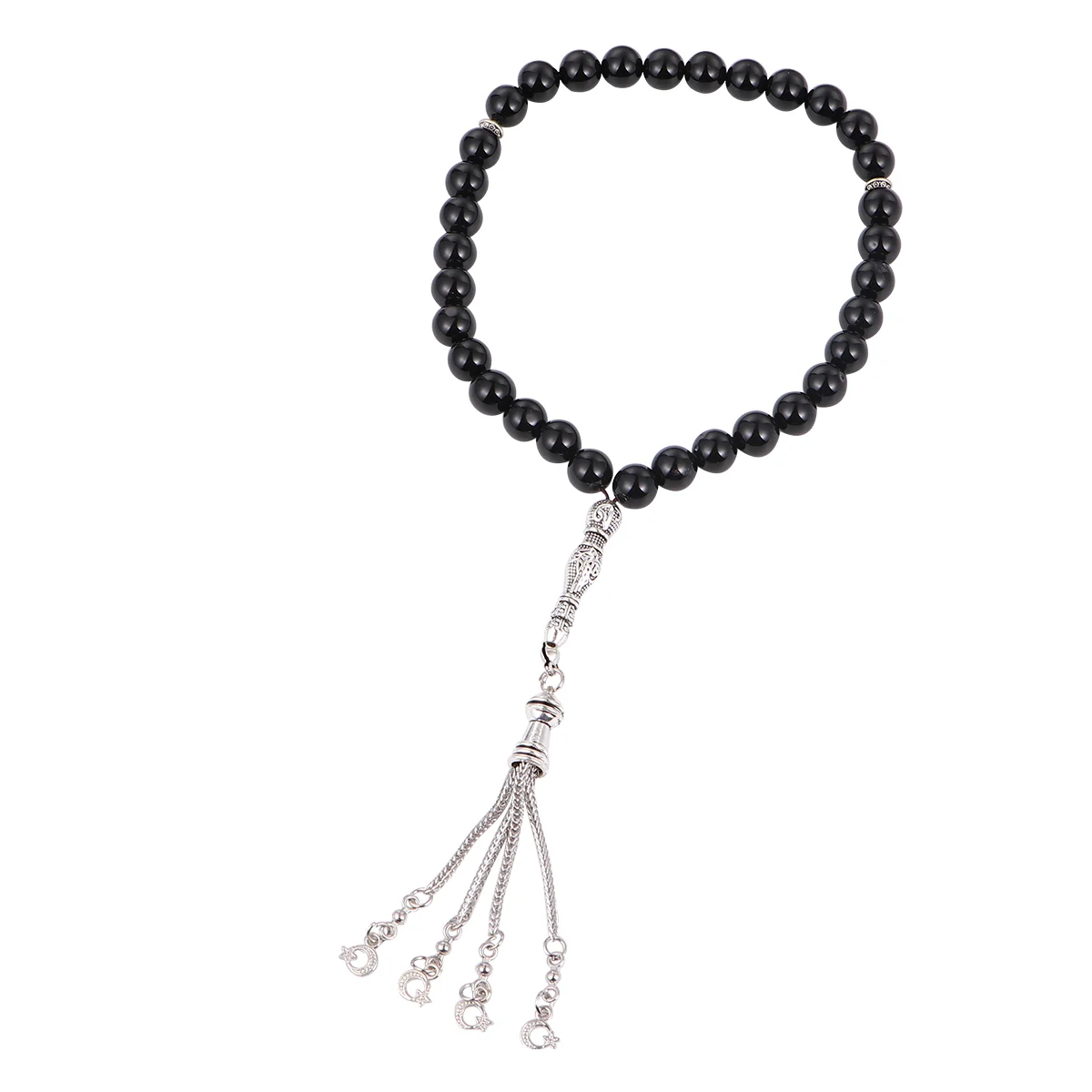 

Womens Bangles Braceletss 33 Worry Beads Agate Stone Islamic Rosary Metal Tassel Crystal Necklacess Islamic Jewelry ( Black )
