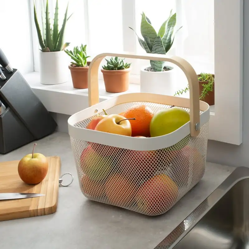 

Декоративная корзина для хранения с бамбуковой ручкой, белая