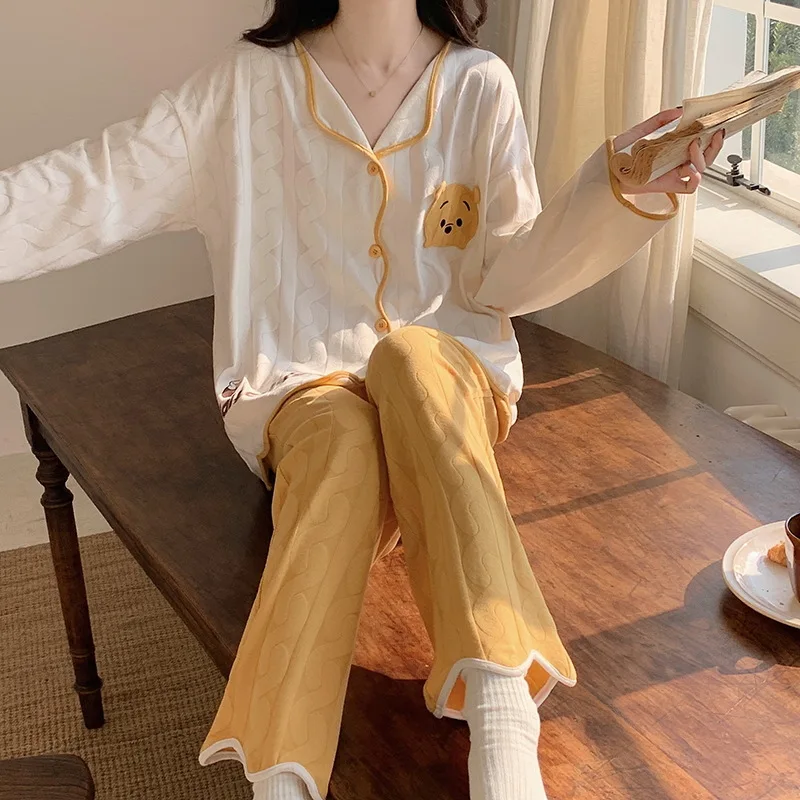 2023 Women's Pajamas Spring Autumn New Long Sleeve Pants Cardigan Lapel Covered Cartoon Simple Cotton Large Size Homewear Set