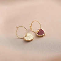 sweet burgundy enamel heart earrings for women girl gold color metal love heart hanging dangle earrings vintage jewelry