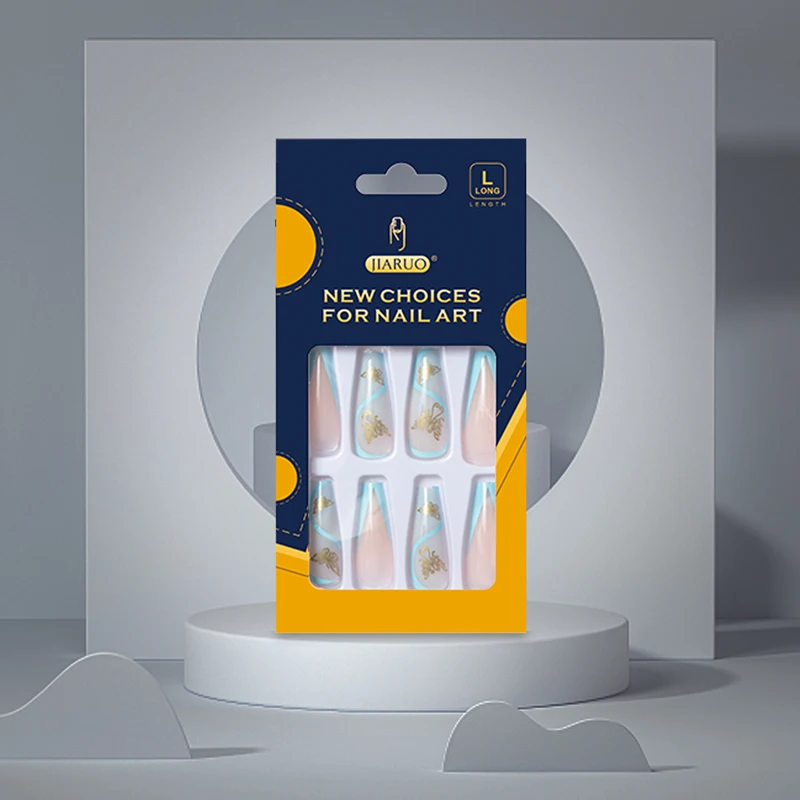 

JIARUO 24PCS/BOX Long Press on Coffin Fake Nails Gold Line Butterfly Blue Line Removable Finish Piece Y2k Full Coverage Nail Art