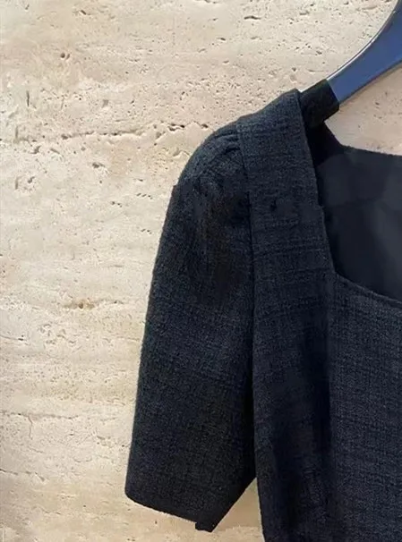 Women Tweed Square Collar Buttons Waist Belt Stitching Pleated Mini Dress