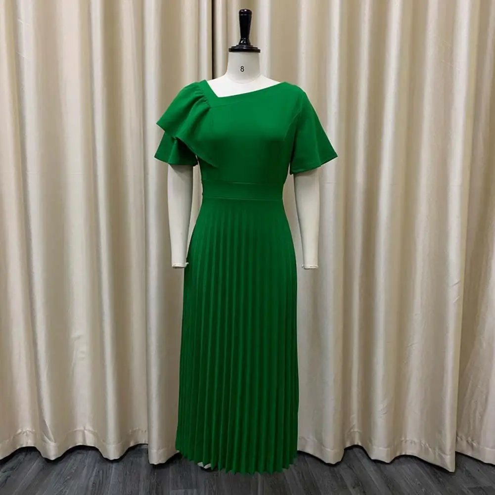 

Attractive Midi Dress Slash Neck Temperament Party Dress Pleats Large Hem Dress