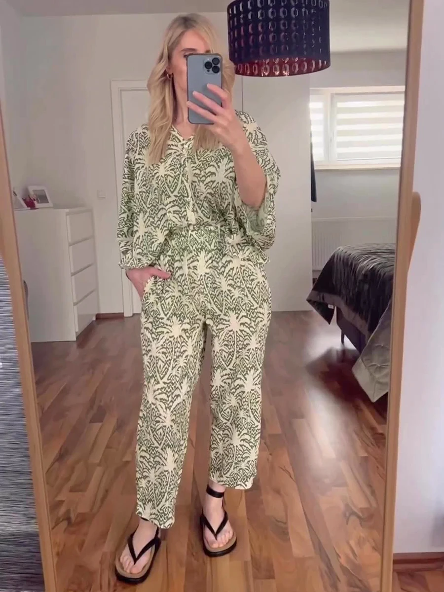 

Summer New Causal Graphic Print Blouse Pant Sets Fashion V-Neck Batwing Sleeve Single-Breasted Tops Elastic Waist Long Pants Set