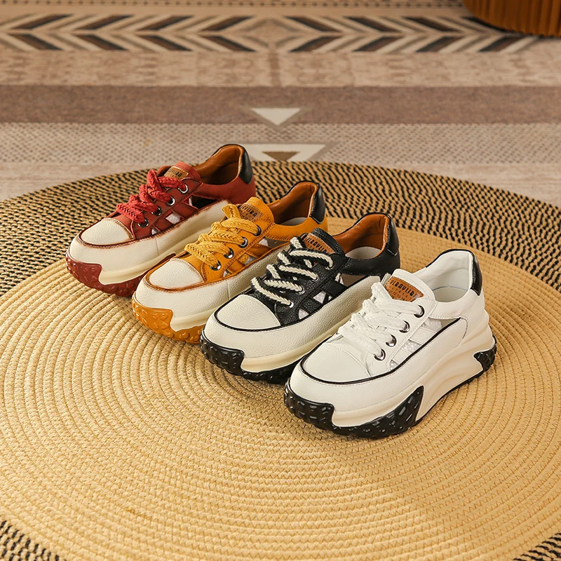 Summer Leather Hollowed Out Shoes Female 2023 New Thick Sole Sports Leisure Board Shoes Female Retro Small Height Women's Shoes