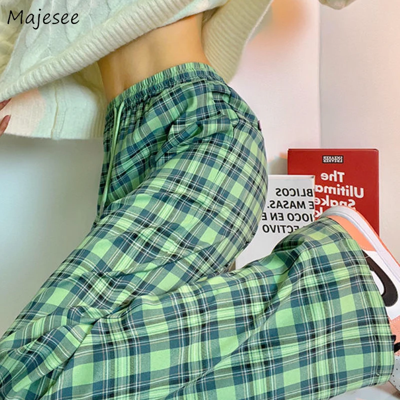 

Pants Woman Streetwear Harajuku All-match Plaid Pockets European Style Wide Leg High Waist Casual Retro Loose New Design Lady