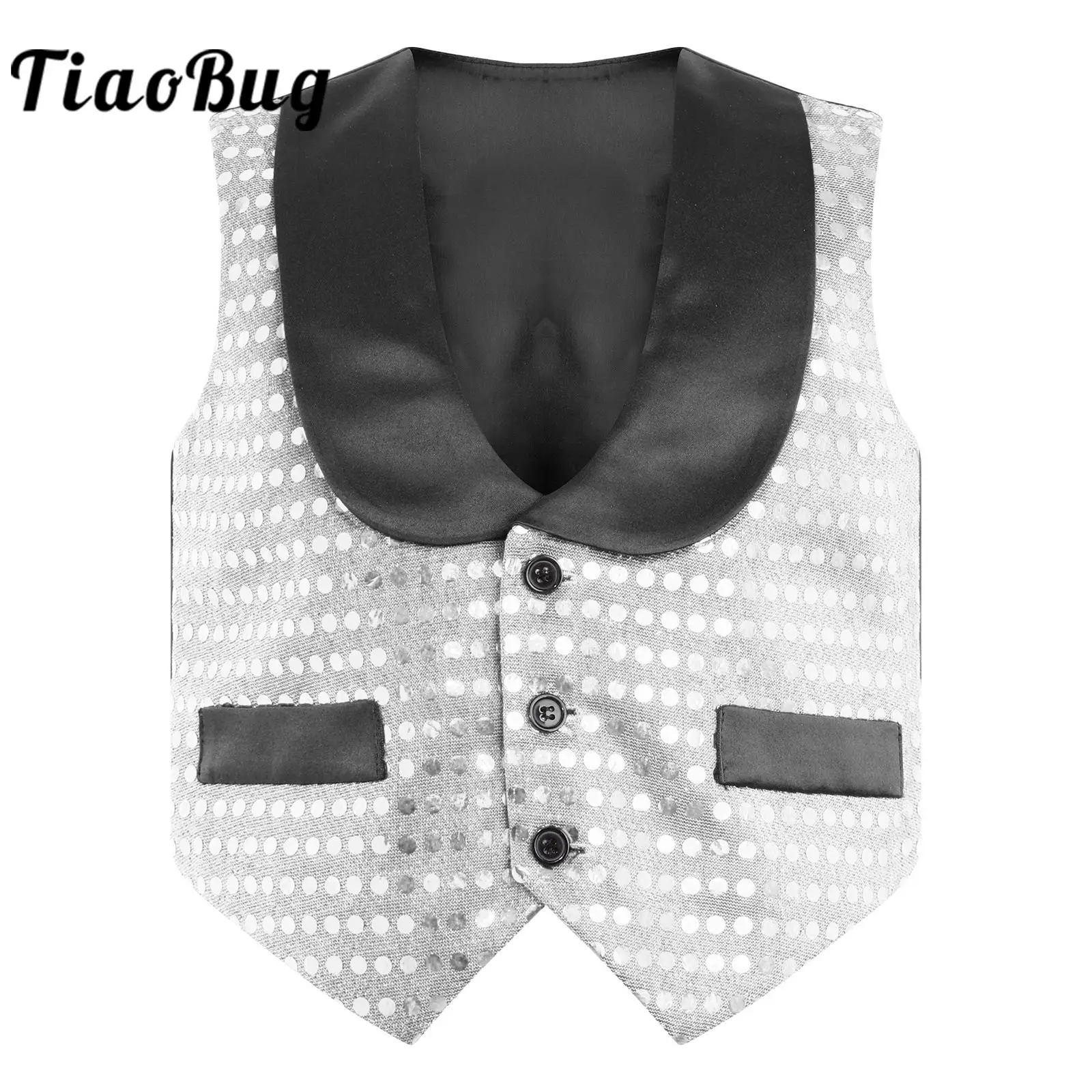 

Boy's Suits Vest Kids Shiny Sequins Waistcoat Children Sleeveless Vest for Magic Shows Birthday Party Dressy Jazz Dance Costume