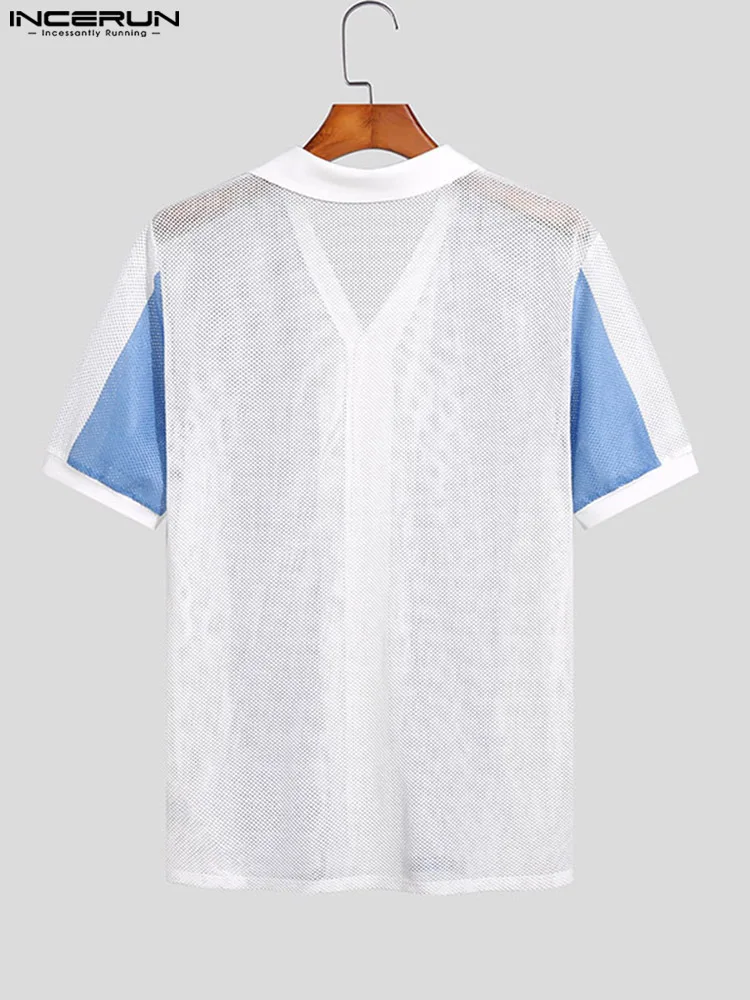 Korean Style New Men Knitted Contrast Blouse Fashion Casual Male Tops INCERUN 2022 Short-sleeved Lapel Button Thin Shirts S-5XL