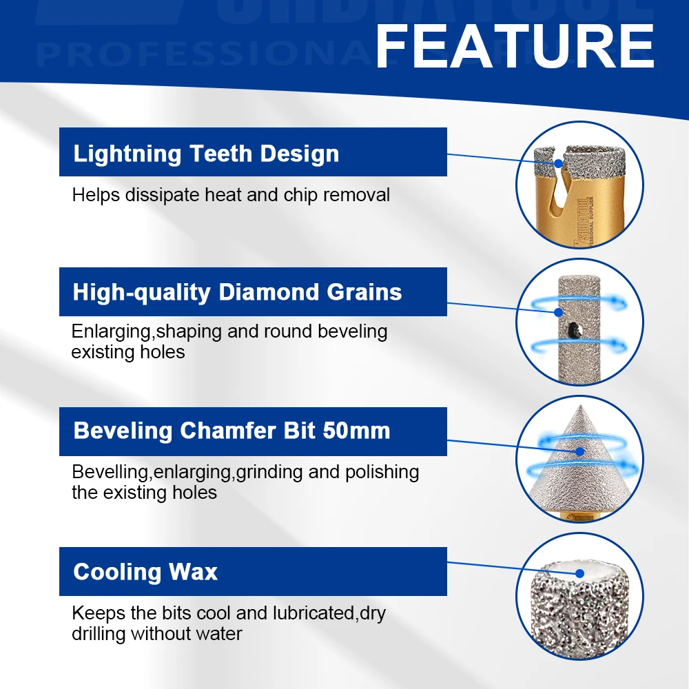 SHDIATOOL 11 шт. набор алмазных инструментов 6/6/8/25/35/50/68 мм сверла + фреза 10 бита для