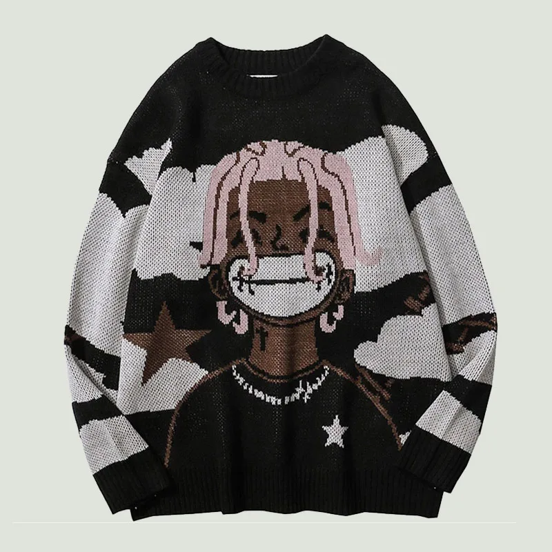 

2023 Fashion Harajuku Vintage Cartoon Anime Knitted Jumper Sweater Mens Hip Hop Streetwear Oversize Loose Casual Ugly Sweaters