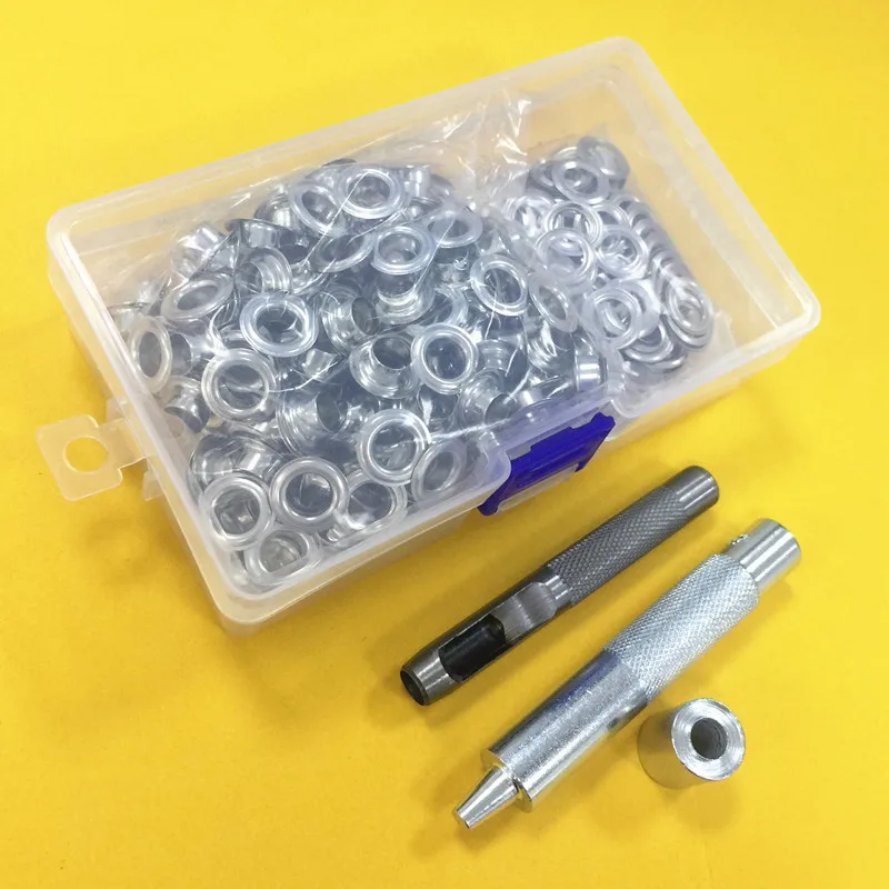 

100/150/200sets Silver metal eyelets 8mm with hole punch tool For Shoes Bag Leather Belt eyelets grommet Leather Crafts DIY