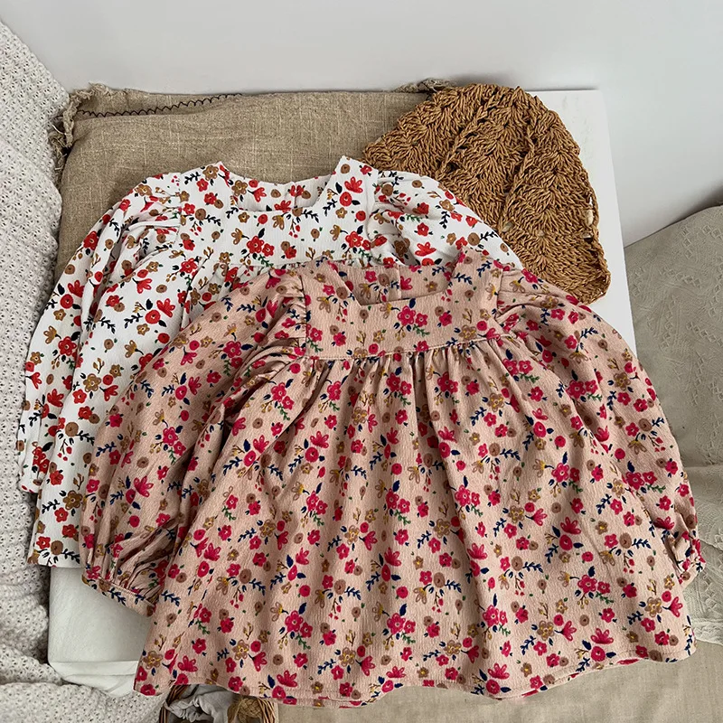 

New 2024 Autumn Little Girls Corduroy Floral Long Sleeve Shirts Baby Children Vintage Casual Blouses Top 1 2 3 4 5 6 7 8 Years