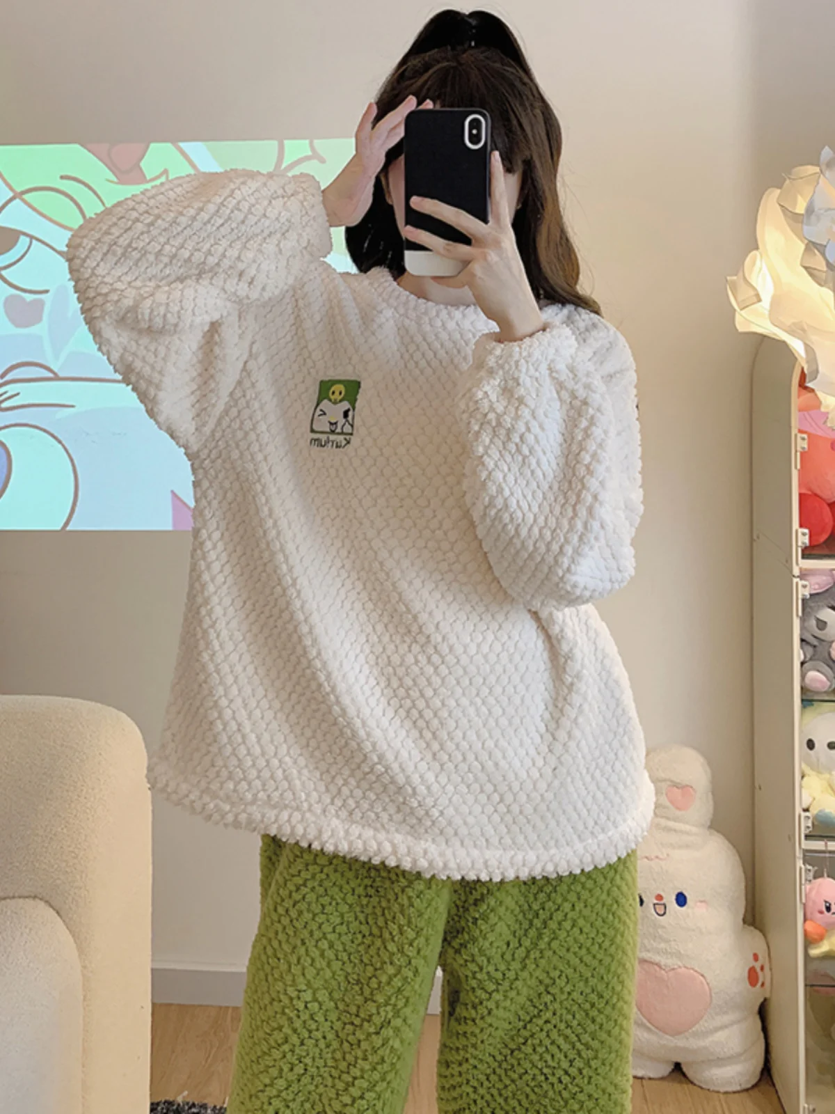 New Pajamas Women Fleece-lined Thickened Coral Fleece Long sleeve Cute Cartoon Set Autumn and Winter Casual Plus size Homewear