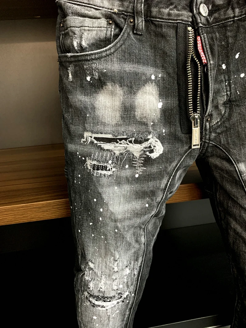 New Men's Dsquared2 Buttons Jeans Ripped For Male Skinny  Pants Men's Denim Trousers Top Quality Slim Jeans A395