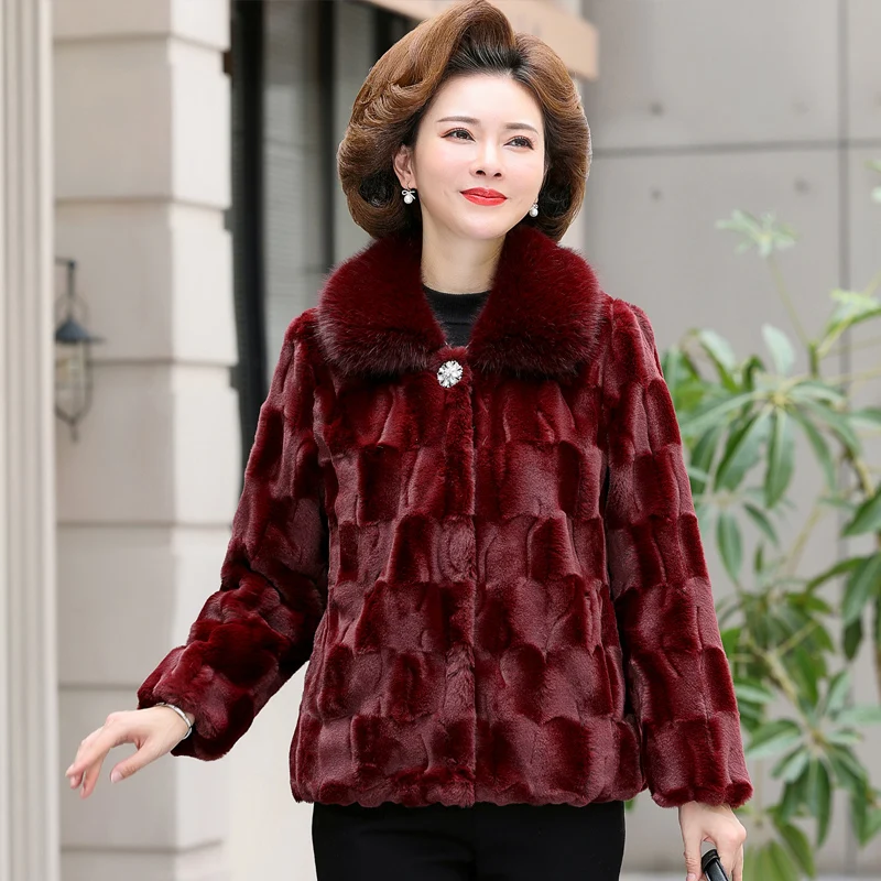 2022 New Autumn Winter Middle-aged Women Fur Collar Mink Fleece Coat Thicken Woolen Outwear Warm Tops
