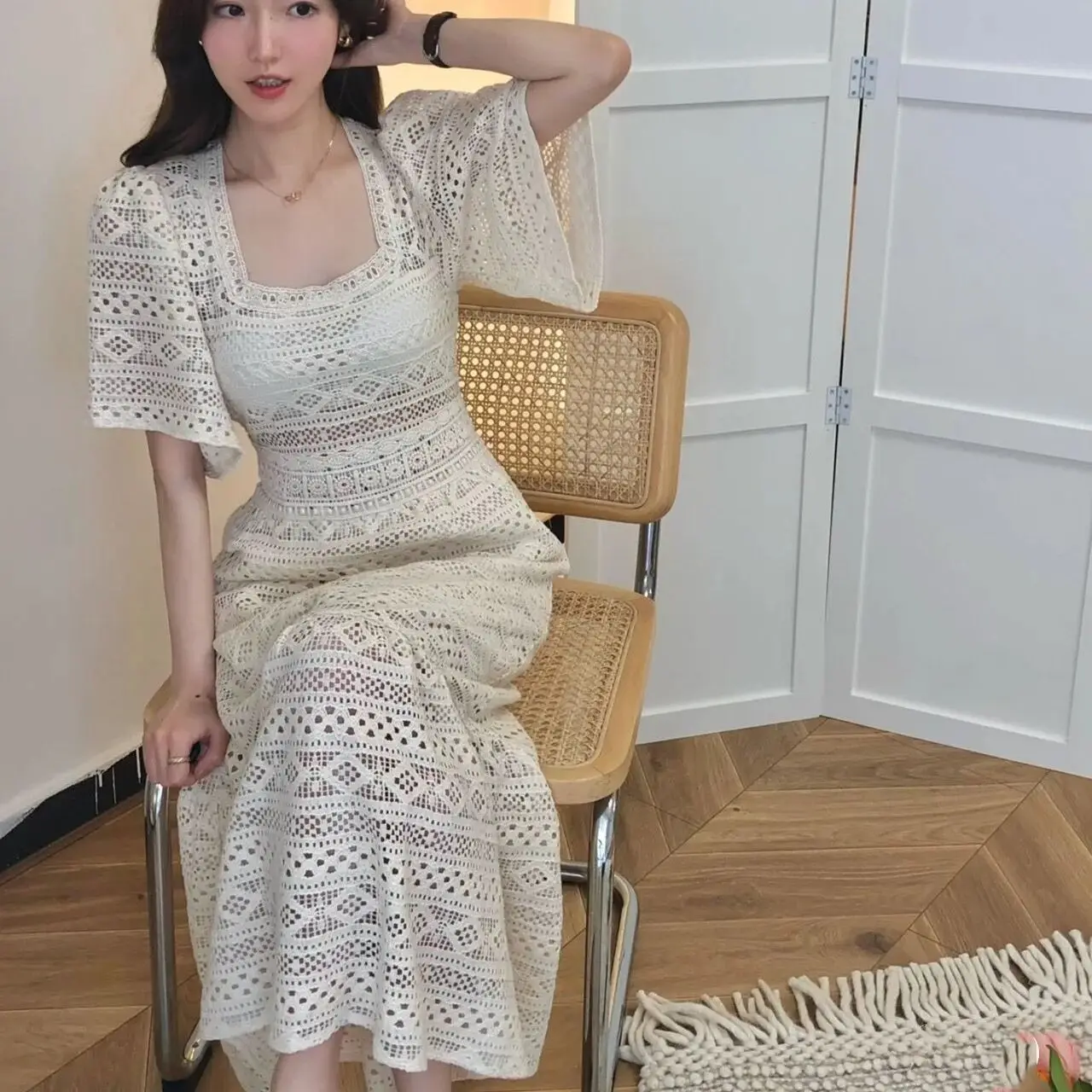 

Женское платье с вырезом лодочкой, кружевное платье с квадратным вырезом и поясом-годе во французском стиле, Новинка лета 2023