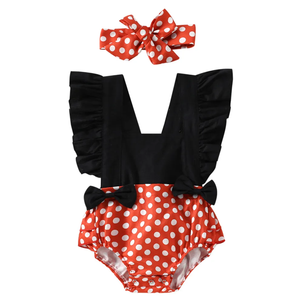 

Baby Girl Polka Dot Print Bodysuits Headband Bow Ruffle Romper 0-24M Newborn Infant Toddler Summer Casual Backless Jumpsuit New