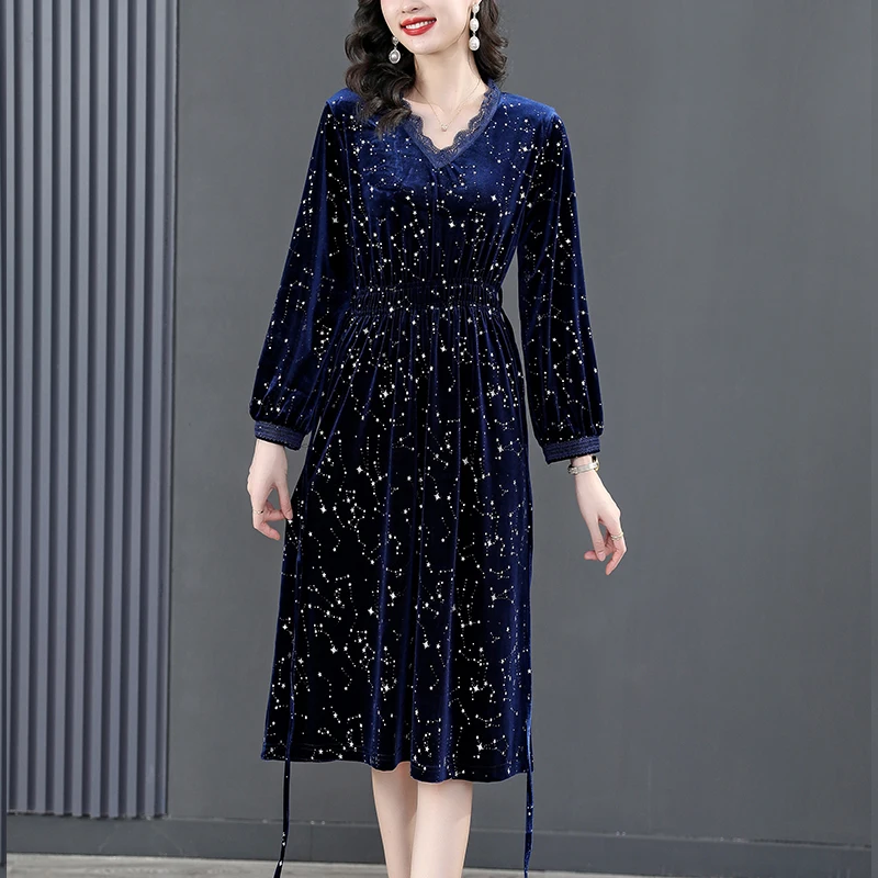 

2023 Velvet dress printed vintage fashion temperament wear with high-end dress