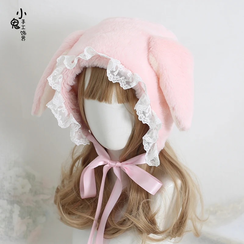 

Japanese sweet loppy eared rabbit lei feng's cap lace lolita earmuffs cap joker fluffy warm winter hats