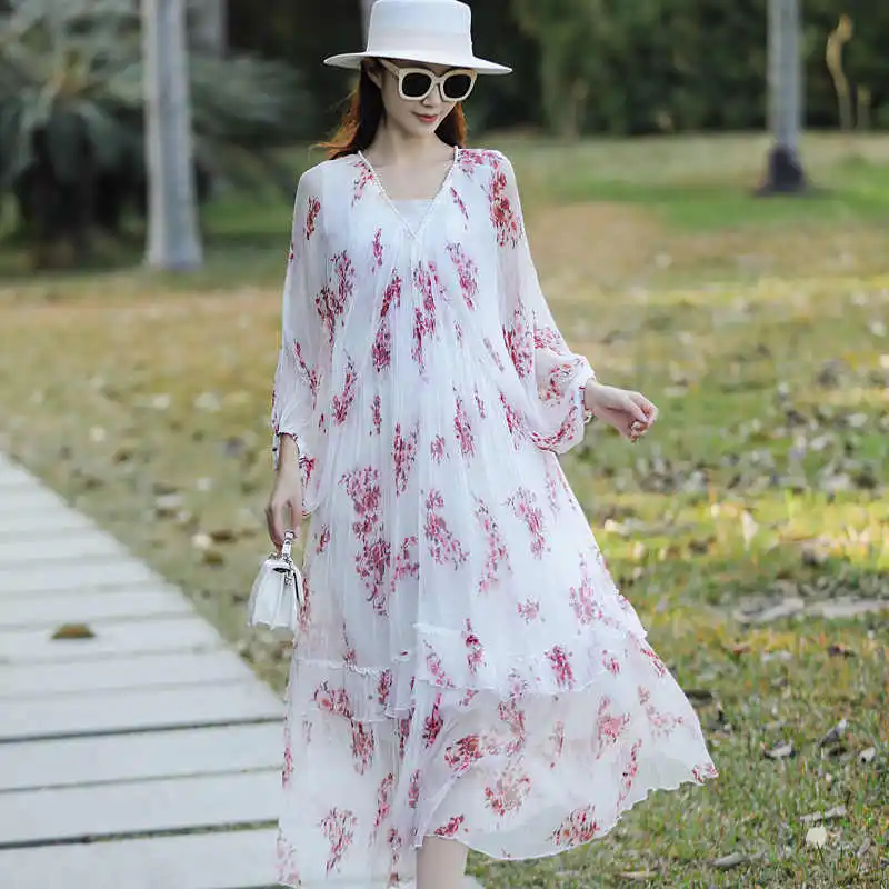 Весеннее Новое Женское легкое и плавное пляжное платье Changsha с V-образным вырезом