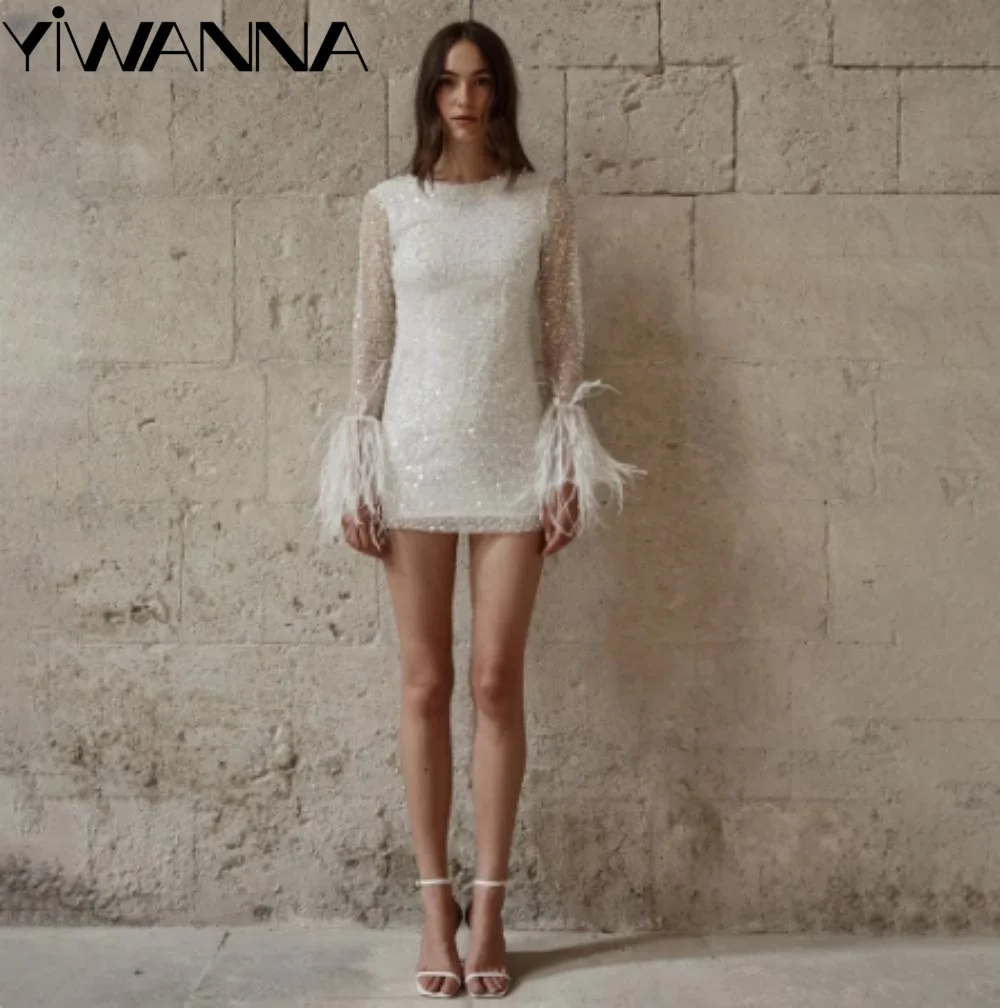 

Sexy Mini Sheath Dress For Bride Sparkly Pearls Sequins Wedding Dress Modern Boat Neck Long Sleeve Bridal Gown Robe De Mariée
