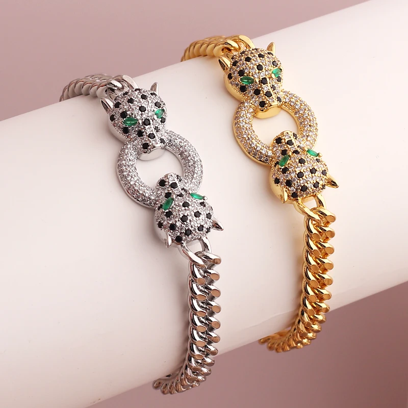 

Double Leopard Head Zircon Bracelet Luxury 18K Gold Plated Hip Hop Cuban Chain Bracelet for Women Bangles Jewelry Gift