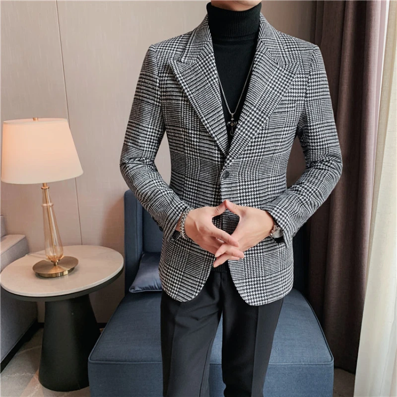 

Fashion Plaid Woolen Blazer Men Wedding Business Casual Suit Jacket Autumn Winter Social Tuxedo Host Dress Coat Costume Homme