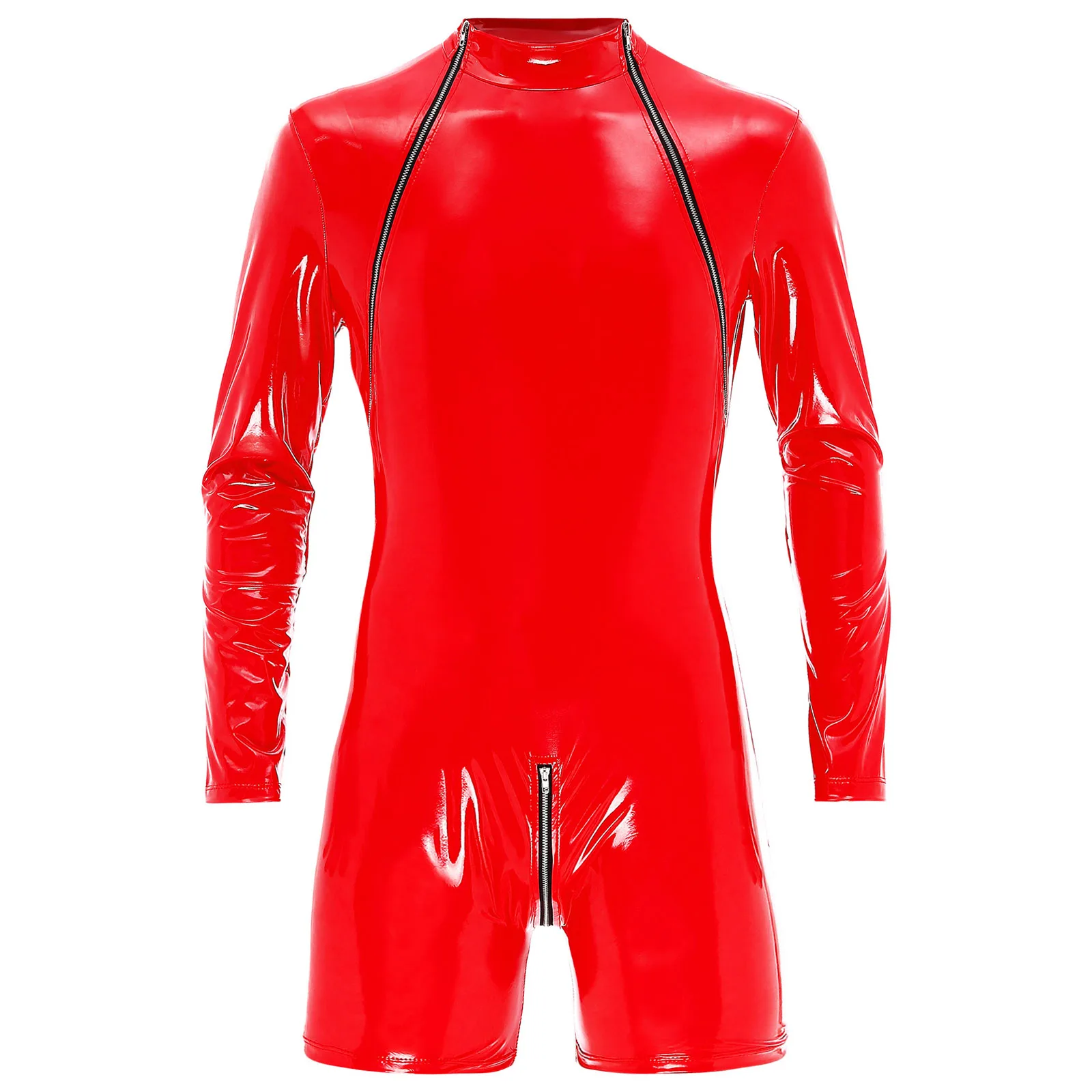 

Mens Zipper Crotch Sexy Long Sleeve Jumpsuit Patent Leather Mock Neck Erotic Bodysuit Club Dance Performance Costume Cosplay