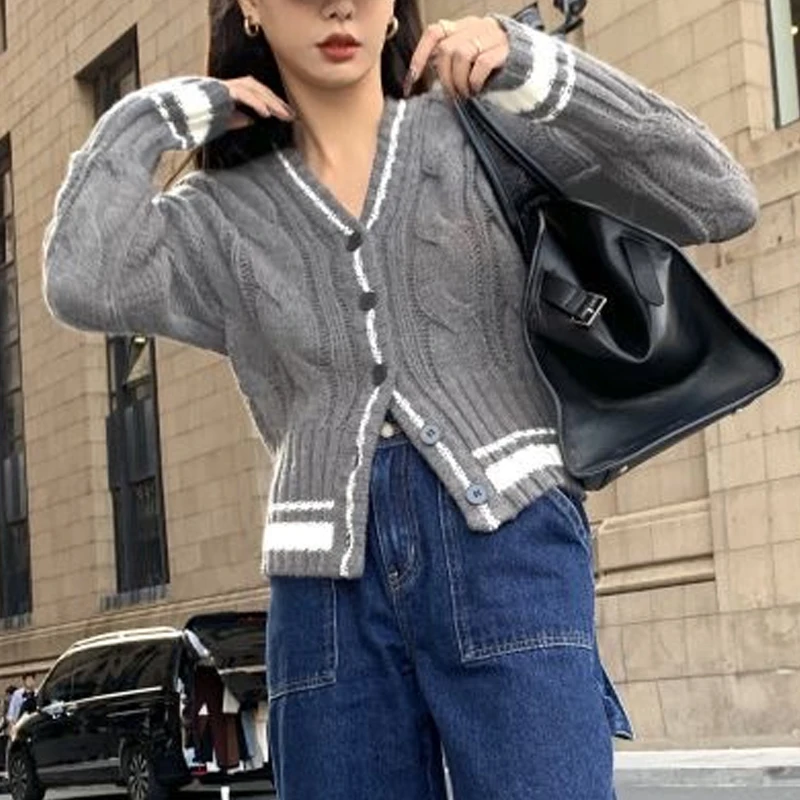 Осенне-зимний однобортный свитер в стиле пэчворк модный теплый мягкий кардиган