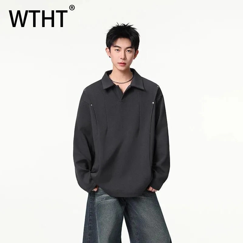 Фото WTHT модные мужские повседневные однотонные футболки со сращенным дизайном, модные осенние футболки 202, топ с отложным воротником в американском стиле Mlae 2A2035 №1