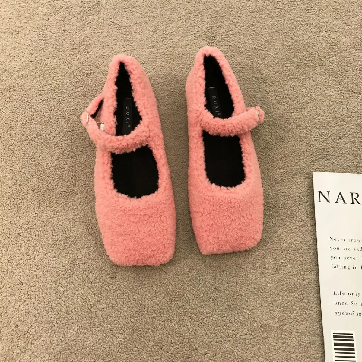 

Fashion Square Toe Lambswool Ballet Flats Woman Winter Warm Plush Loafers Ladies Brand Design Teddy Fur Mary Jane Shoes in Pink