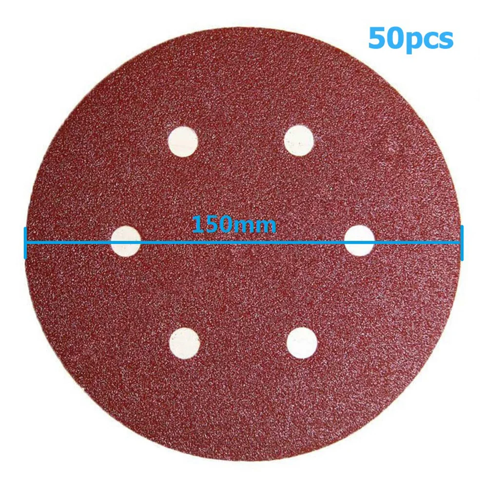 

50pcs 150mm 6 Hole Round Sandpaper 60/80/120/180/240 Grit Red Brown Alumina Sandpaper For Grinding Polishing Abrasive Tools