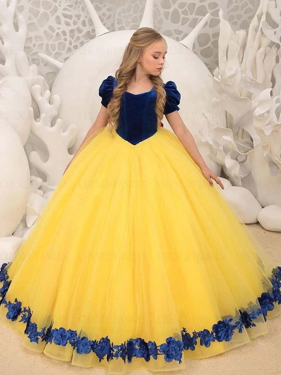 

Velour Luxury Flower Girl Dress A-Line Tulle Girls Princess Wedding Party Dress Applique Back Bow First Communion Gown Dress