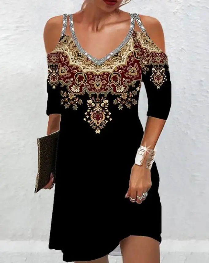 

Tribal Print Cold Shoulder Casual Dress Elegant Dresses for Women Casual New Fashion 2023 Casual Female Clothing Outfits