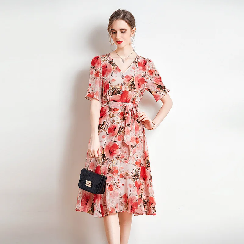

Women' Dress Summer New Mulberry Silk V-Neck Floral Belt Slim Fit Midi Skirt 100% Silk Traf Elegant Dresses for Women 2022