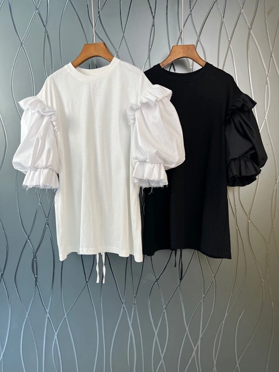 

2022 new women fashion court stitching puff sleeves back straps loose T-shirt top 515