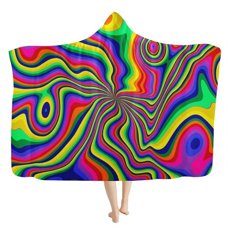 

Neon Pour Rainbow Swirl Hooded Blanket - Trippy EDM Music Festival, Psychedelic Colorful Rave Cozy Throw, Soft Wearable Blanket