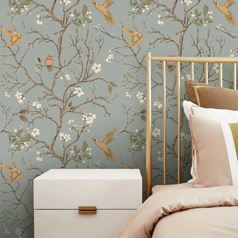 

45cmx300cm/roll Bedroom Flowers Bird And Green Plants Background Renovation Sticker Self Adhesive Wallpaper Seamless Home Decor