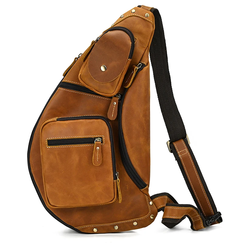 Crazy Horse Chest Packs For Men Sling Bag Outdoor Sport Crossbody Bags For Men Casual Shoulder Bag Leather Chest Bag