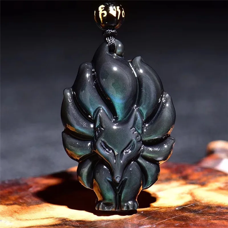 Natural Chinese Rainbow Eye Obsidian Hand Carved Nine Tail Fox Pendant Fashion Jewelry Men and Women Necklace Popular Gift