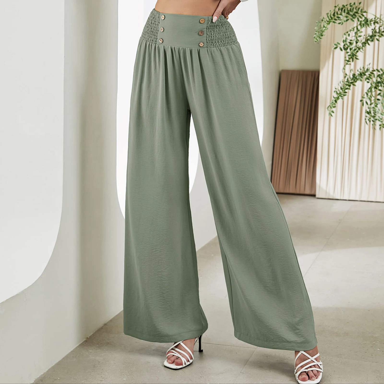 

2023 Women Wide Leg Pants Casual Summer Straight Trousers Solid Color Simple Fashion Elastic Waist Button Lady Pantalones