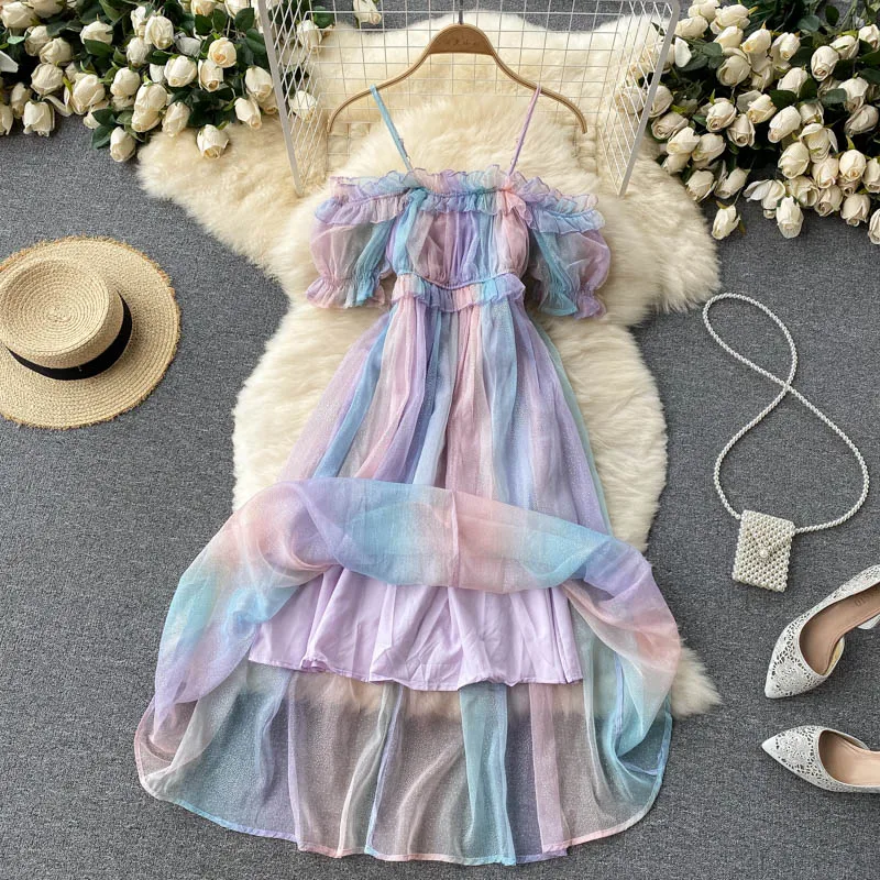 

N GIRLS Rainbow Gradient Color Mesh Mid-length Dress Women Slash Neck Holiday Fairy Vestido De Mujer Camisole Short Sleeve Robe