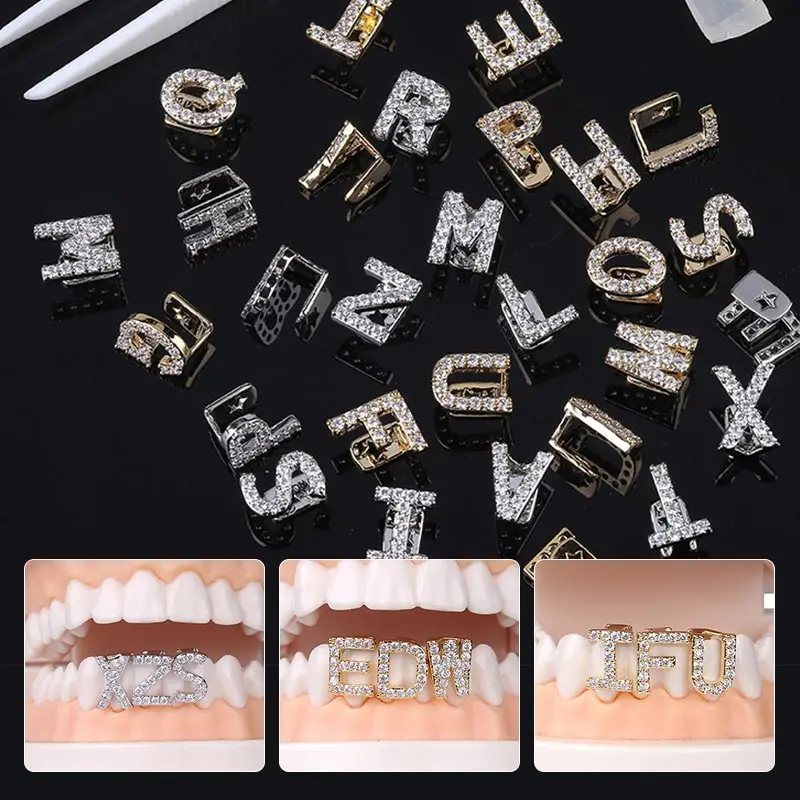 26 Letters Alphabet Diamond Braces Single Tooth Cap Hip-hop Teeth Cover Rock Crystal Teeth Gems Case Cosplay Jewelry Tooth Decor