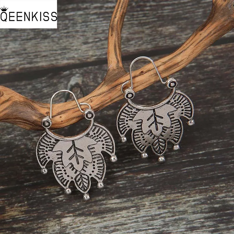 

QEENKISS EG6315 2022 Fine Jewelry Wholesale Fashion Woman Girl Birthday Wedding Retro Maple Leaf Antique Silver Drop Earrings