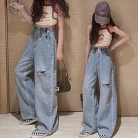 girls jeans teenager blue ripped wide leg jeans all match high waist trousers spring fall children mopping pants 4 14y