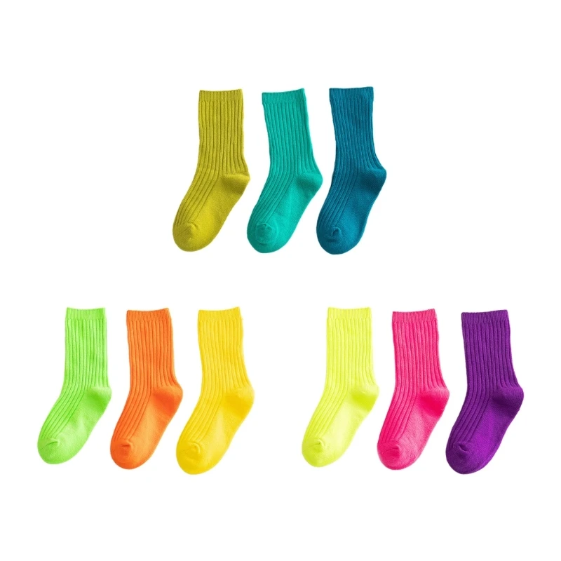 

3Pairs Baby Socks Solid Color Kids Knee High Socks Over the Calf Japanese Style Bright Color Loose Socks for Child 1-12Y