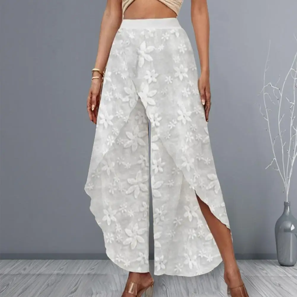 Elegant Embroidered Lace Straight Trousers Women Fashion Drawstring Elastic Waist Pockets Pants Ladies Casual Loose Long Pants
