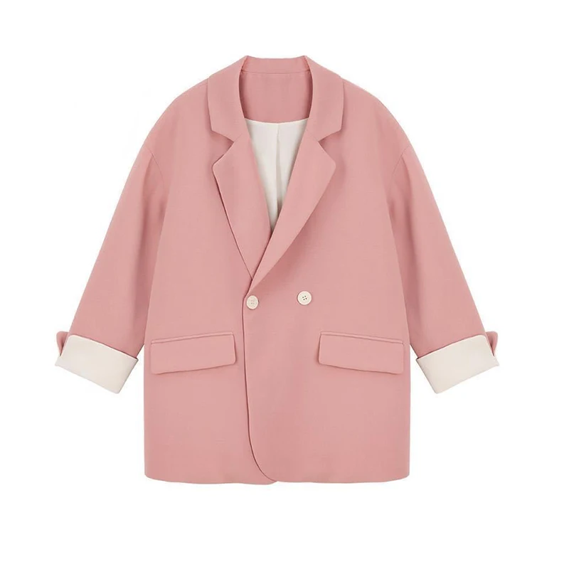 Корейский розовый маленький костюм пальто женский двубортный свободный